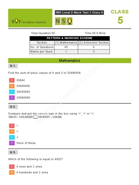 Imo Level 2 Mock Test Class 5 Pdf Area Geometry