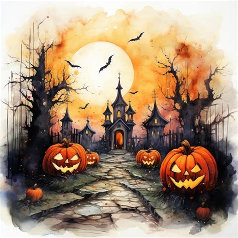 Decoração de halloween estilo aquarela castelo de abóbora assustador