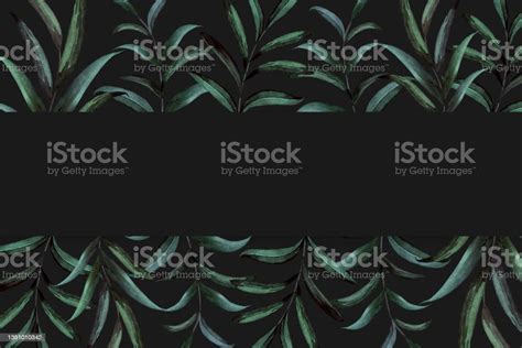 Botanical Frame With Hand Painted Watercolor Green Leaves On Dark