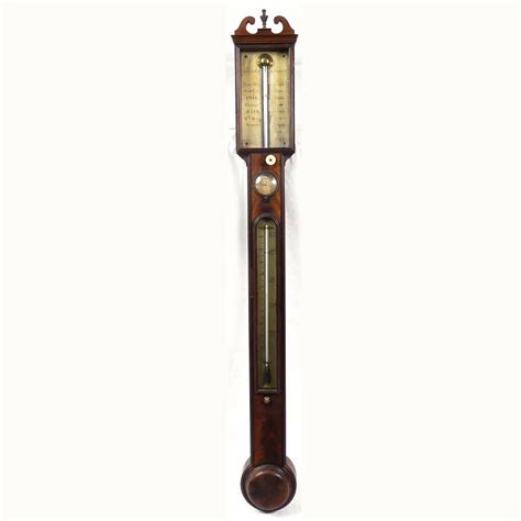 Antique Stick Barometer With Silvered Dial And Thermometer Barometers