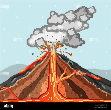 Inside of volcano with lava erupting and smoke coming out illustration ...