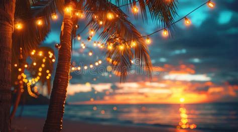 Tropical Summer Night With Palm Trees And Hanging Strings Of Light