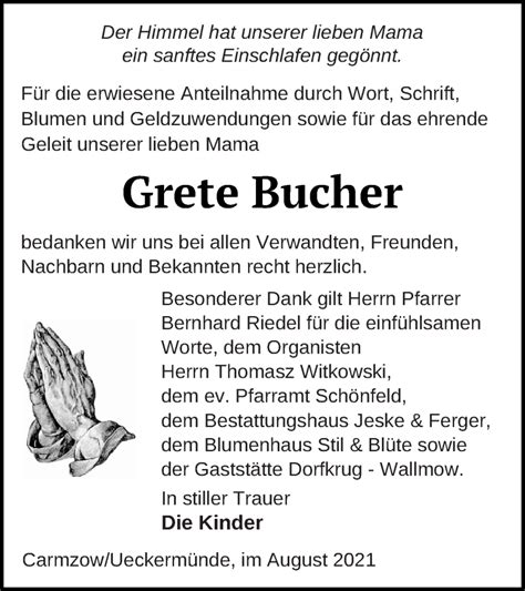 Traueranzeigen Von Grete Bucher Trauer Nordkurier