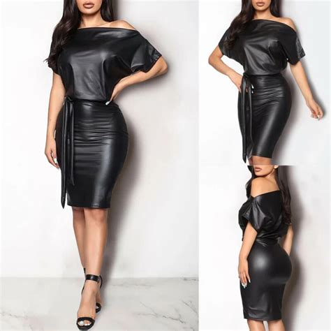 New Women Sexy Pu Leather Dress Elegant Formal Party Office Lady Midi