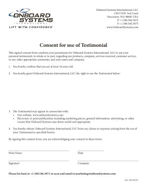 Fillable Online Consent For Use Of Testimonial Onboard Systems Fax