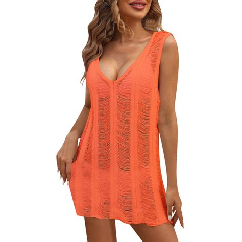Huowey Women Deep V Neck Lace Knitted Beach Cover Up Dress For Swimsuits Sexy Hollow Out Bikini