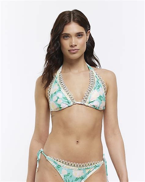 Aqua Floral Print Triangle Bikini Top River Island