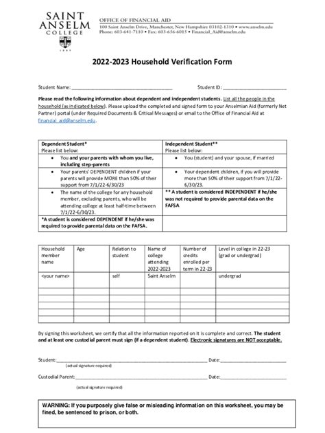 Fillable Online Dependent Student Household Verification Form Fax Email