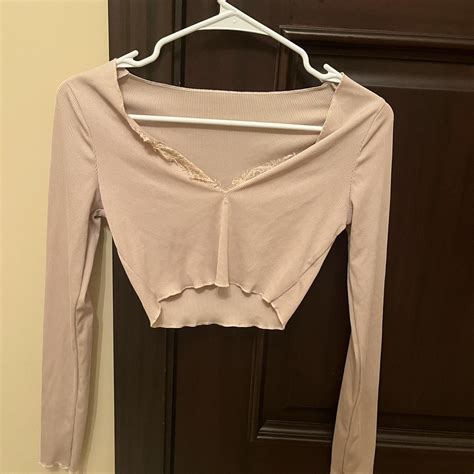 Long Sleeve Nude Colored Top With Lace Details Depop
