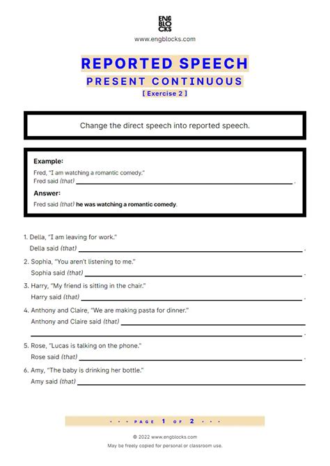 Reported Speech — Present Continuous — Exercise 1 Esl Worksheets