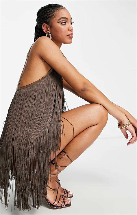 Rent Asos Design Fringed Mini Dress In Chocolate Hirestreet