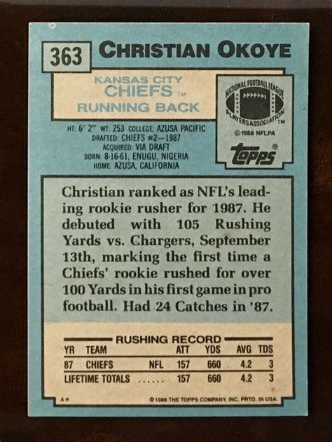 Topps Football Christian Okoye Rookie Rc Nm Ebay