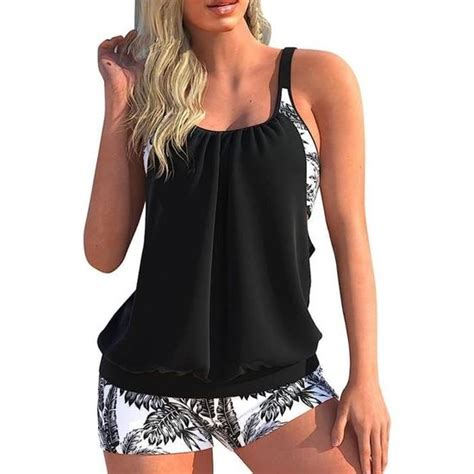 Maillot De Bain Pi Ces Femme Tankini Ensembles Push Up Bikini Set Imprim Sans Manches Noir B