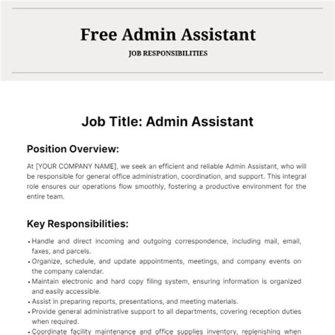 Free Admin Assistant Job Responsibilities Template Edit Online