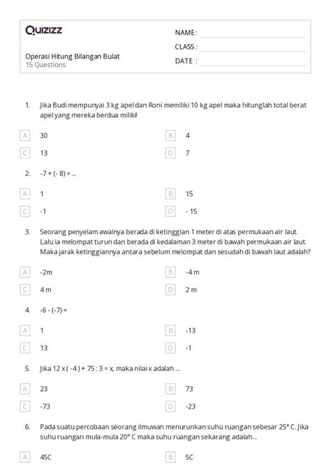 Lembar Kerja Operasi Dengan Bilangan Bulat Untuk Kelas Di Quizizz