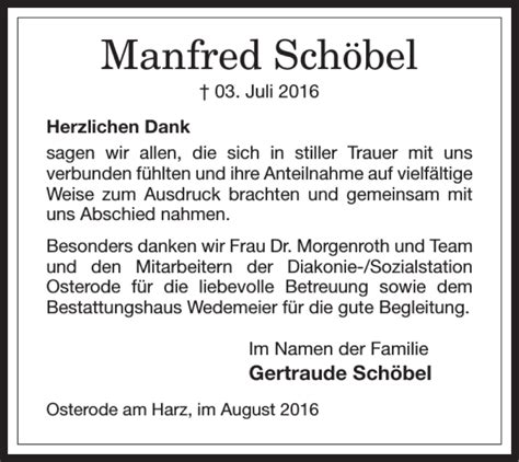 Traueranzeigen von Manfred Schöbel Harztrauer de