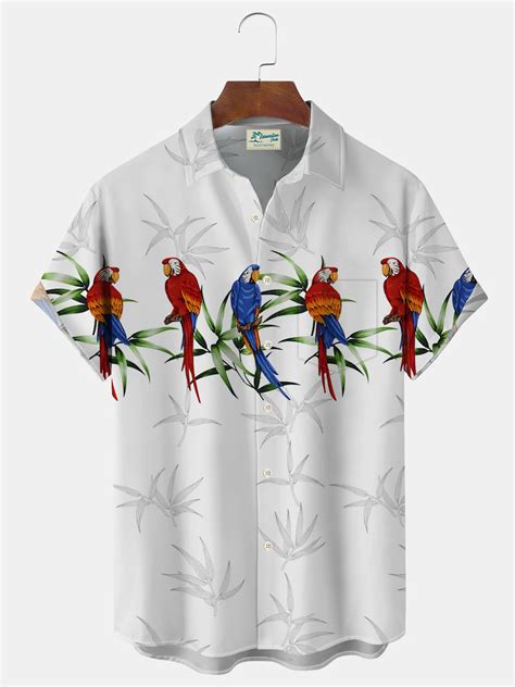 Royaura Hawaiian Parrot Leaf Print Mens Button Down Pocket Shirt Royaura