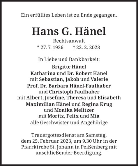 Traueranzeigen von Hans G Hänel SZ Gedenken de