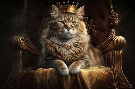 Premium Ai Image A Cat With A Golden Crown Sits On A Throne