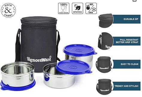 Signoraware Executive Stainless Steel Lunch Box Set 3 With Bag Stainless Steel Leak Proof