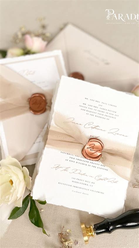 Handmade Paper Invitations Copper Wax Seals Silk Ribbons Custom Made