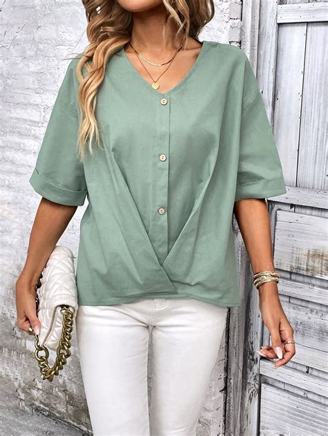 Shein Lune Solid Button Front Batwing Sleeve Blouse Shein Usa