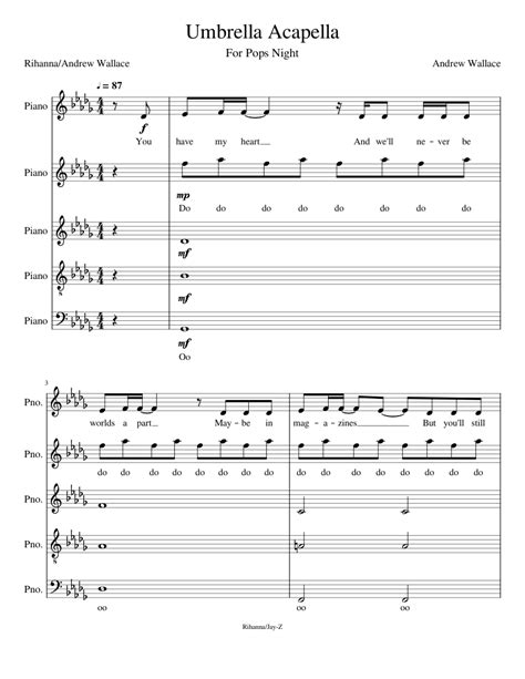 Umbrella Acapella Sheet Music For Piano Mixed Quintet