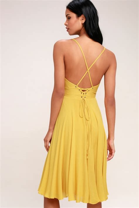 Chic Midi Dress Mustard Yellow Dress Lace Up Dress