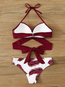 Shein Swim Vcay Leaf Print Bikini Set Tie Front Halter Bra High