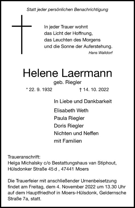 Traueranzeigen Von Helene Laermann Trauer In NRW De