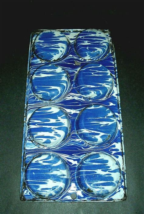 Vibrant 8 Cup Cobalt Blue White Swirl Graniteware Muffin Tin Enamel