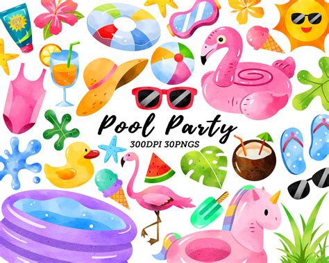 Watercolor Pool Party Clipart Summer Clipart Pool Clipart Etsy