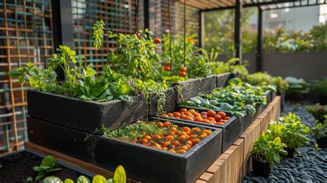 A Rooftop Garden Showcases A Variety Of Vegetables Growing All