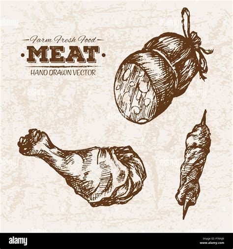 Hand Drawn Sketch Meat Products Set Farm Fresh Food Black And White