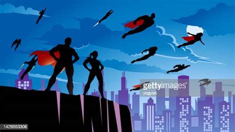 Vector Superhero Team Silhouette Flying In The City Stock Illustration