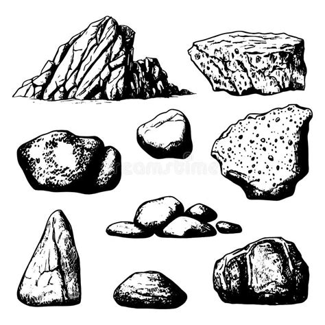 Set Of Stones And Rocks Hand Drawn Illustration Stock Vector