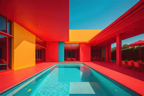 Swimming pool in modern villa with red and orange walls. generative ai ...