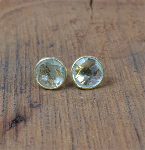 Solid Sterling Silver Ct Gold Overlay Cut Blue Quartz Stud M