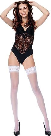 POSE 20 Denier Lace Top Sheer Hold Ups Stockings With Narrow Lace And