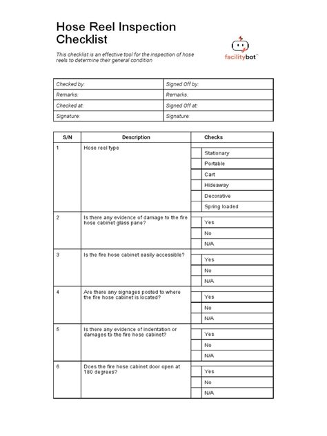 Hose Reel Inspection Checklist Pdf Manufactured Goods Equipment