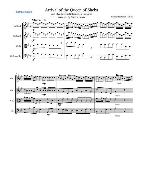 Arrival Of The Queen Of Sheba String Quartet Intermediate Level For 2 Violins Viola And Cello