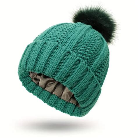 Soft Warm Satin Lined Beanie Pom Trendy Solid Color Skull Temu Canada