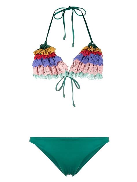 Zimmermann Frilled Crochet Bikini In Green Modesens