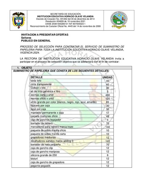 INVITACION A PRESENTAR OFERTAS SUMINISTRO DE PAPELERIA Institución