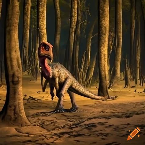 Striped Hadrosaurus Dinosaurs Walking By A Forest Lake Hot Sex Picture