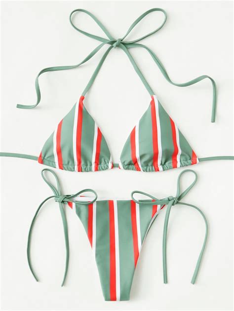 Shop Striped Self Tie Bikini Set Online Shein Offers Striped Self Tie