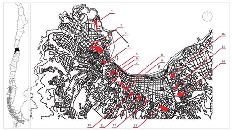 Ubicación de la región de Valparaíso en Chile y plano de la ciudad de