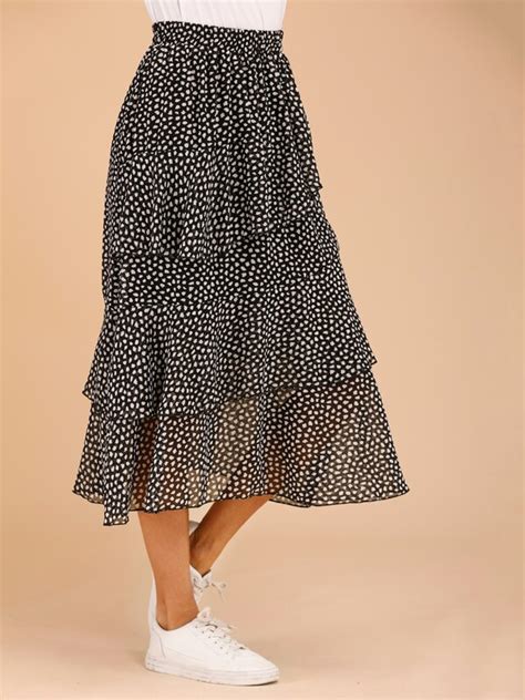 Shein Lune Preto Camada Tiered Polka Dot Boho Saia Shein Brasil