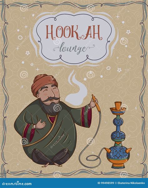 Hookah Lounge Vintage Card With Smoking Arab Man Cartoon Vector