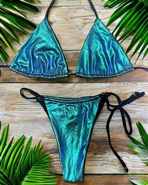 Metallic Blue Bikini Triangle Bikini Top Brazilian Thong Bottoms
